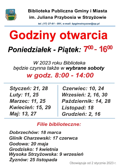 Godziny otwarcia biblioteki